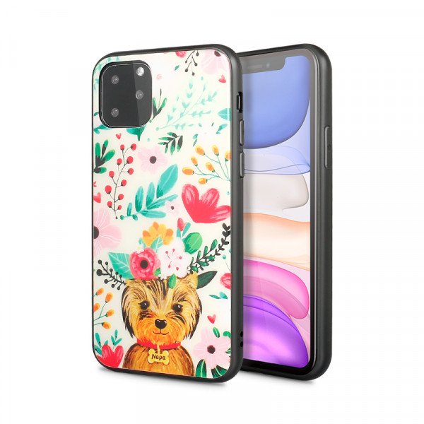 Wholesale iPhone 11 (6.1in) Design Tempered Glass Hybrid Case (Flower Dog)